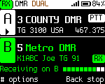 Dual watch: a call coming in on B, high-contrast theme