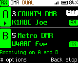 Dual watch on two receivers: a call on each, high-contrast theme