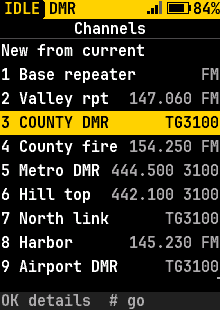 Every channel by number, yellow highlight
